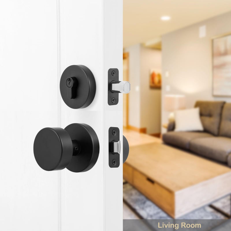 naubea Exterior Black Door Knob with Single Cylinder Deadbolt Lock Set, Round Entry Door Knob with Deadbolt Locksets, Matte Black Front Door Lock Set, Black Front Door Handle and Deadbolt Set - Image 5